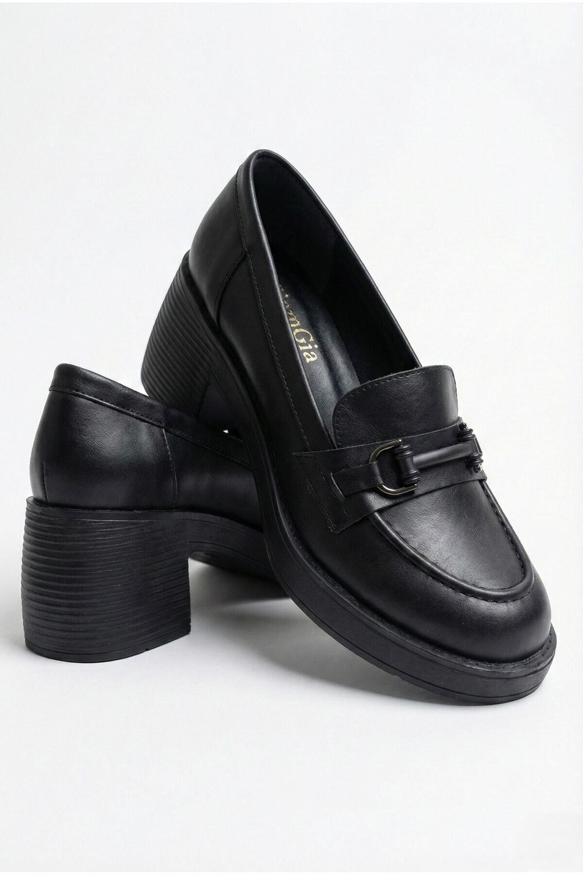 Kadın Siyah Kalın Tabanlı Tokalı Platform Topuklu Günlük Loafer Casual Ayakkabı - Görsel 5