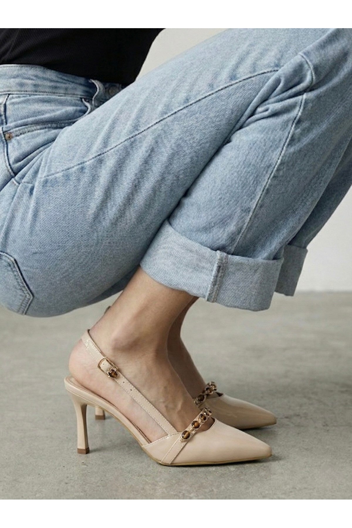 Kadın Taşlı Bantlı Arkası Açık Kadeh Topuklu Sivri Burun Abiye Stiletto Ayakkabı - Görsel 15