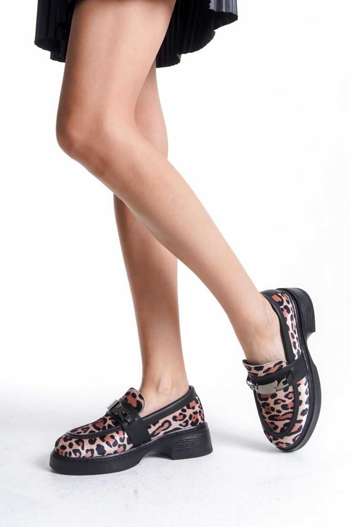 Kadın Günlük Loafer Metal Tokalı Leopar Rahat Ayakkabı - Görsel 5