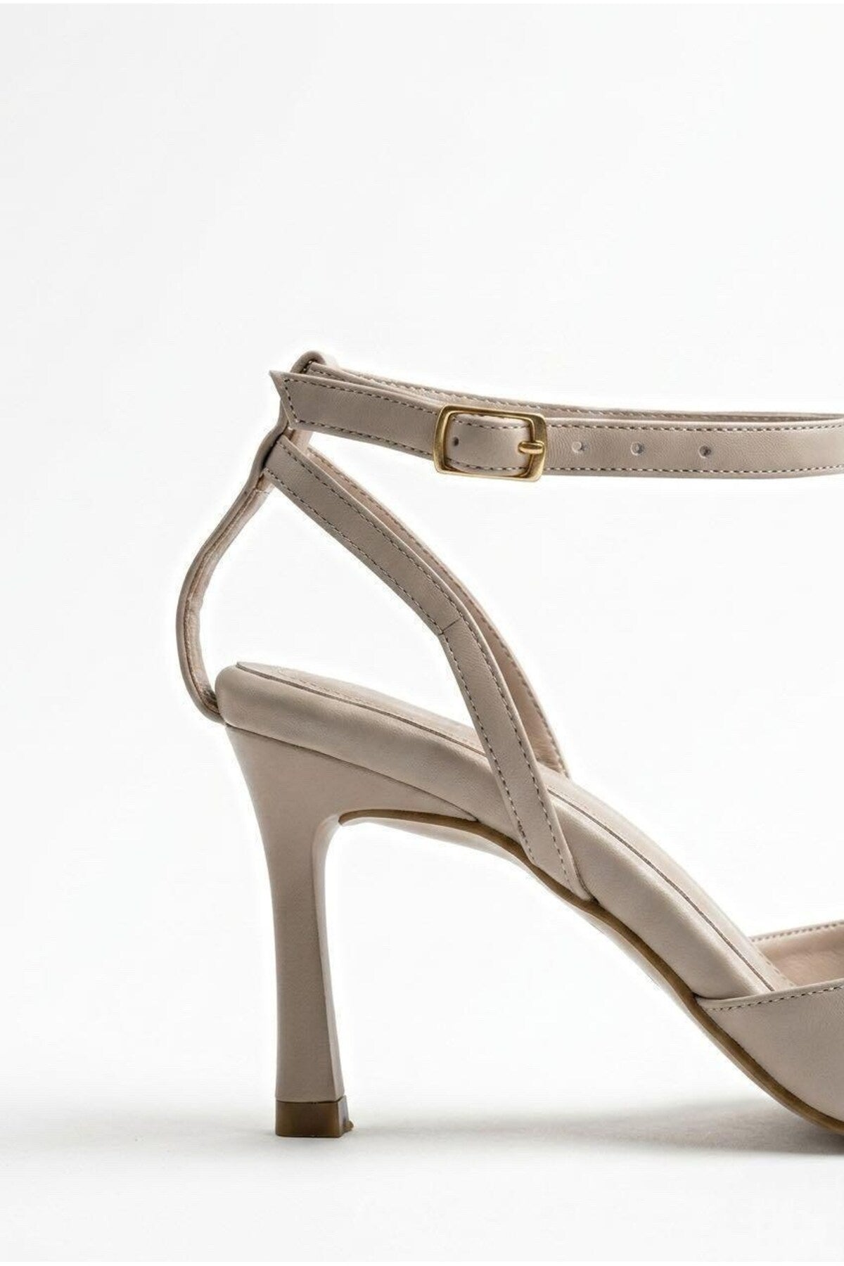 Kadın Bej Bilekten Bağlamalı Sivri Burun Topuklu Ayakkabı Klasik Topuklu Stiletto TT001 - Görsel 10
