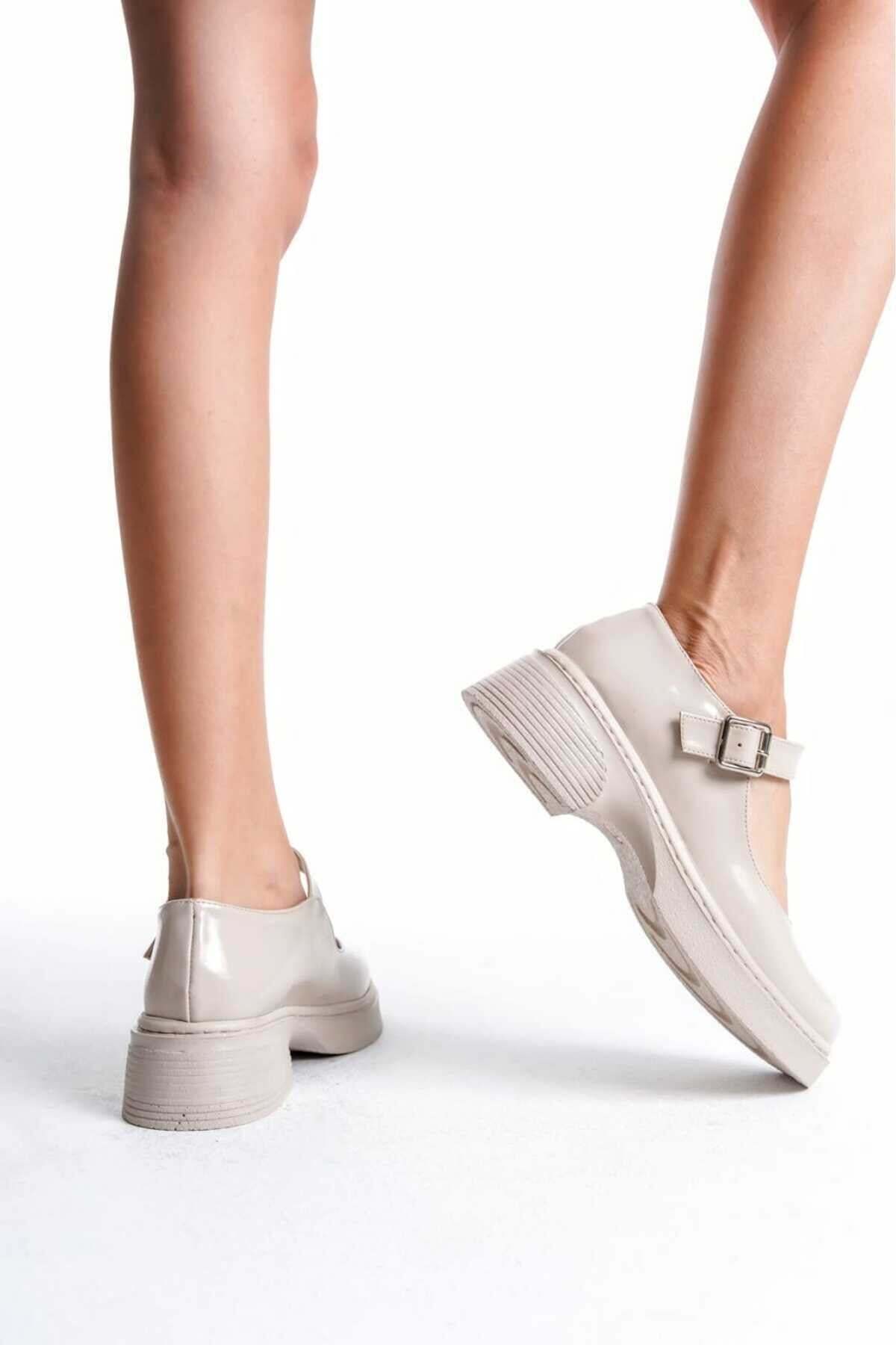 Kadın Bej Rugan Tokalı Mary Jane Kadın Loafer Makosen Tokalı Loafer Rugan Loafer Babet 980 - Görsel 4