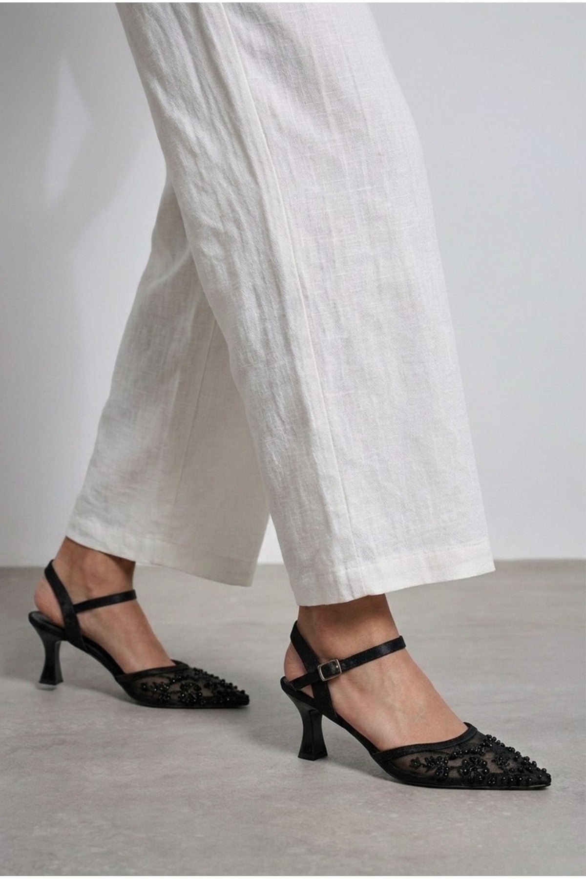 Kadın Kahverengi Tül Taş İşlemeli Sivri Burun Topuklu Abiye Ayakkabı - Görsel 12