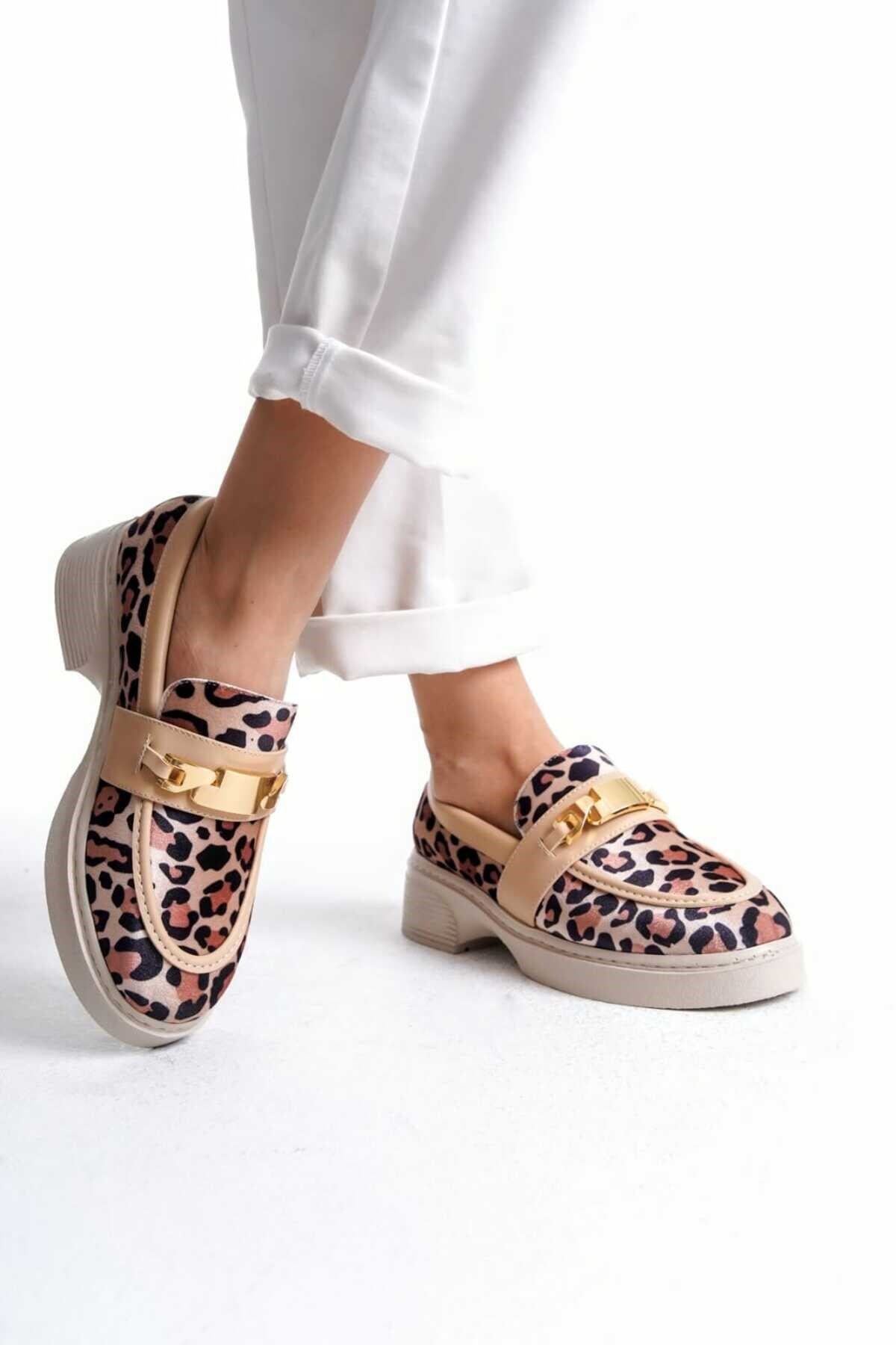 Kadın Günlük Loafer Metal Tokalı Leopar Rahat Ayakkabı - Görsel 6