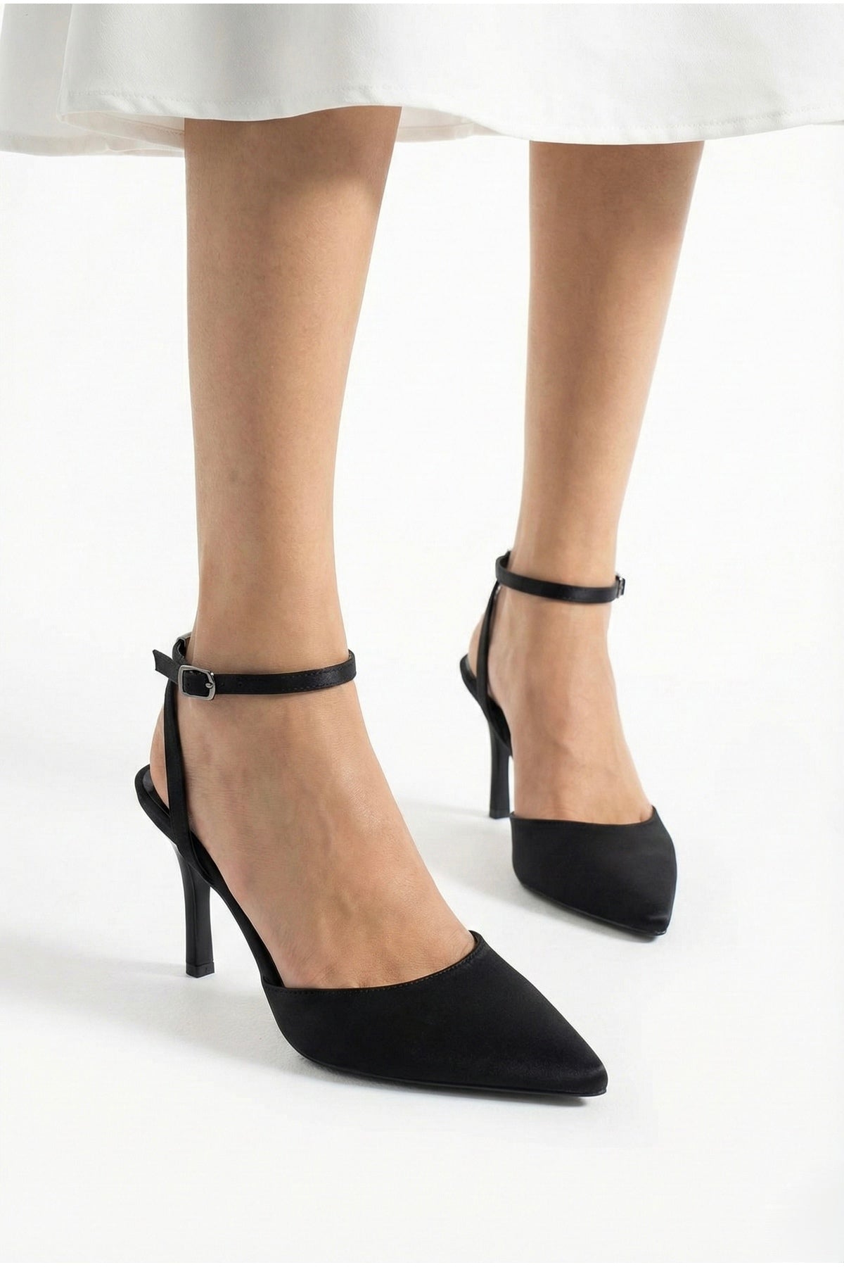 Kadın Saten Bilekten Bağlamalı Sivri Burun İnce Topuklu Stiletto Abiye Gece Ayakkabısı - Görsel 14