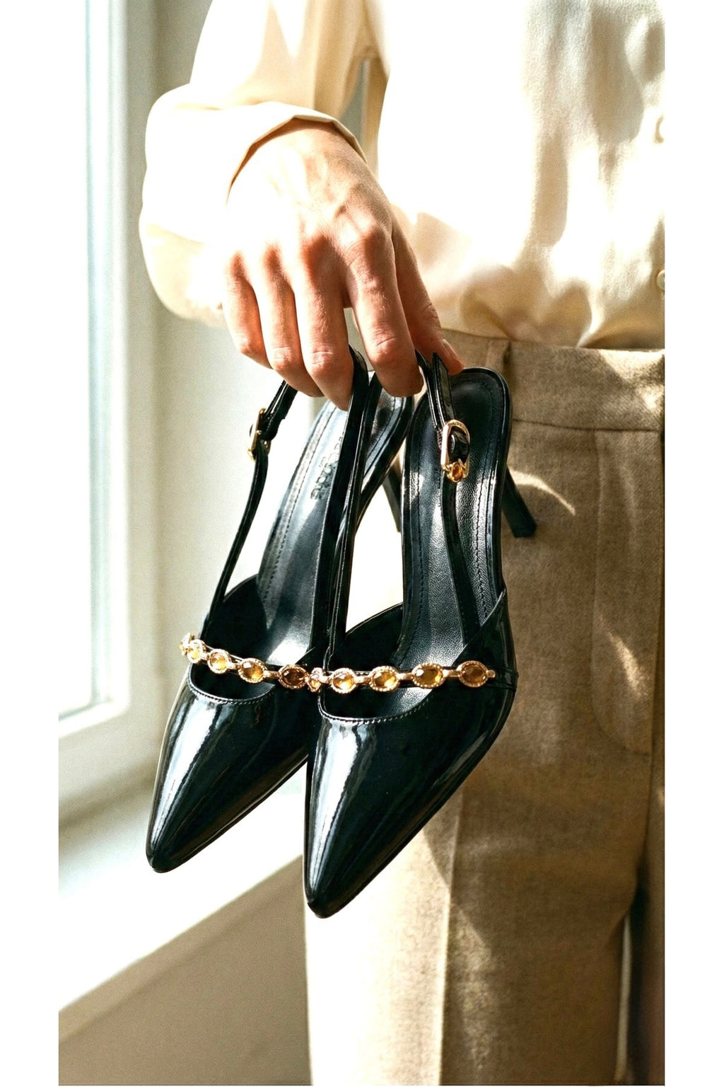 Kadın Taşlı Bantlı Arkası Açık Kadeh Topuklu Sivri Burun Abiye Stiletto Ayakkabı - Görsel 4