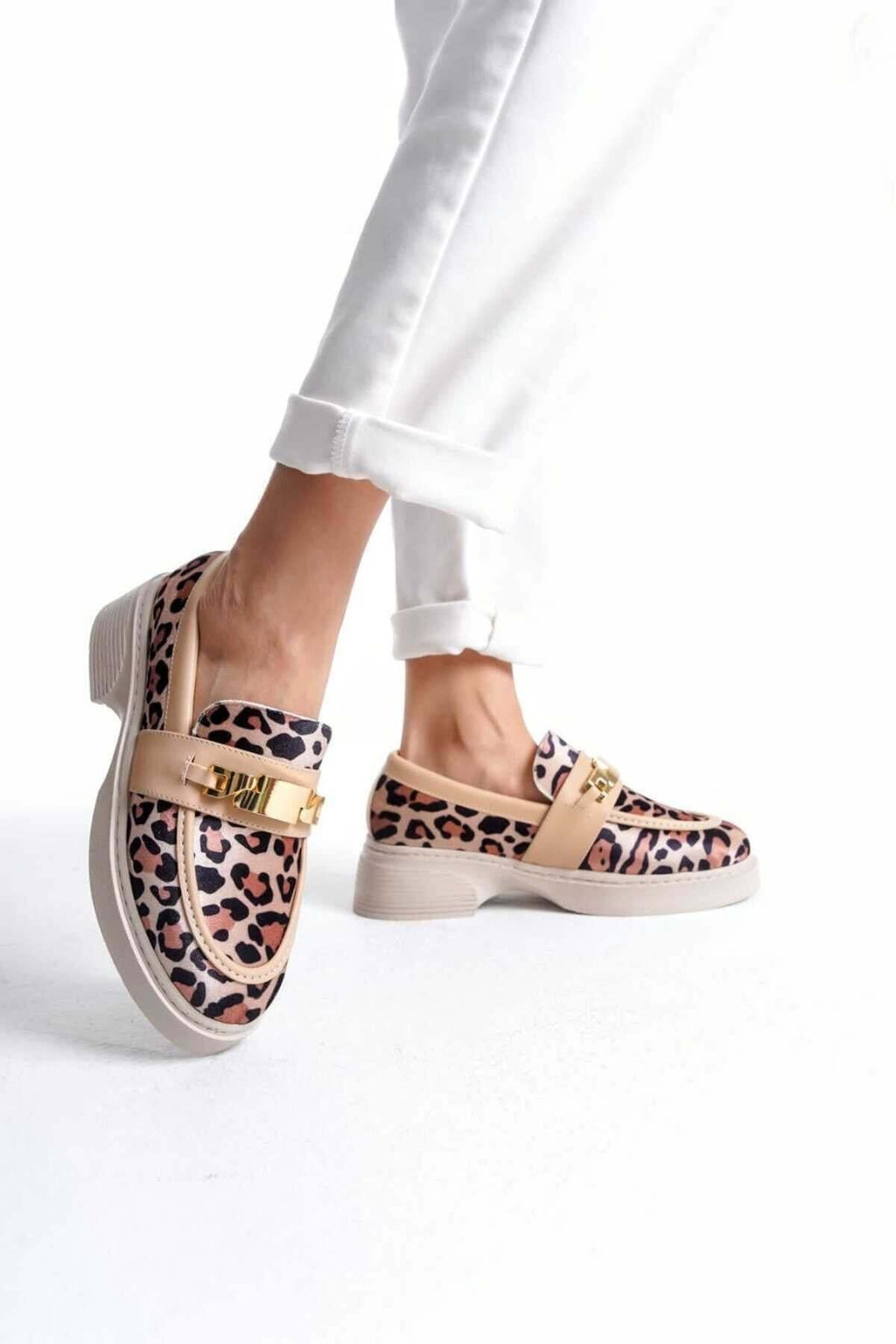Kadın Günlük Loafer Metal Tokalı Leopar Rahat Ayakkabı - Görsel 2