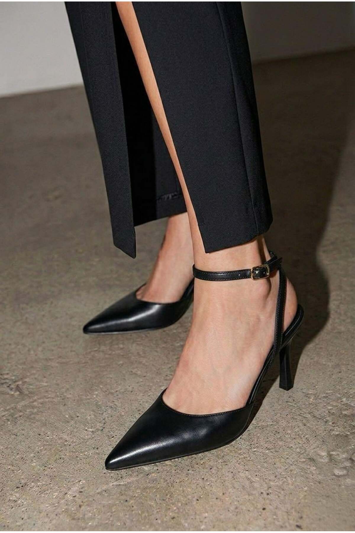 Kadın Bej Bilekten Bağlamalı Sivri Burun Topuklu Ayakkabı Klasik Topuklu Stiletto TT001 - Görsel 8