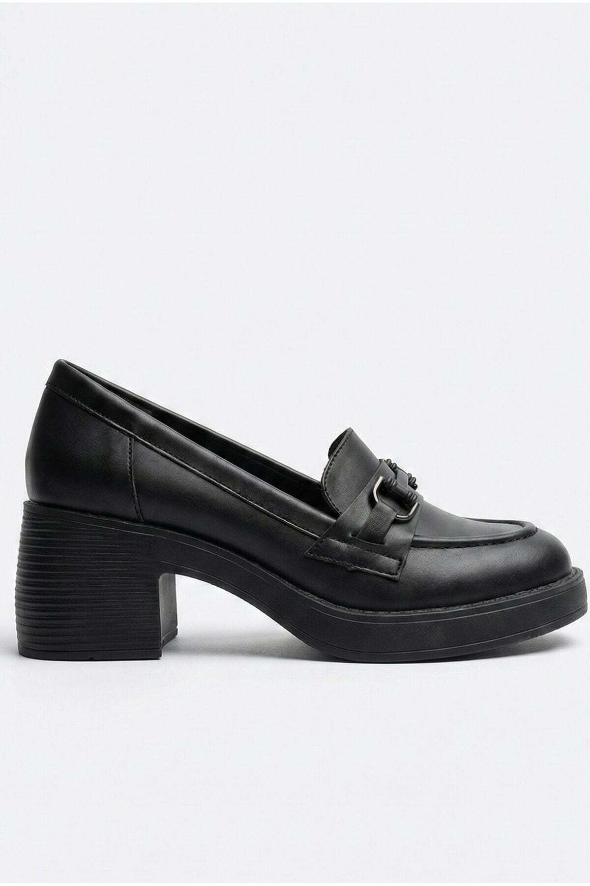 Kadın Siyah Kalın Tabanlı Tokalı Platform Topuklu Günlük Loafer Casual Ayakkabı - Görsel 6