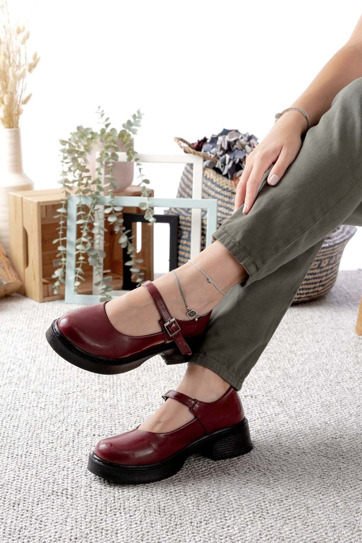 Kadın Bej Rugan Tokalı Mary Jane Kadın Loafer Makosen Tokalı Loafer Rugan Loafer Babet 980