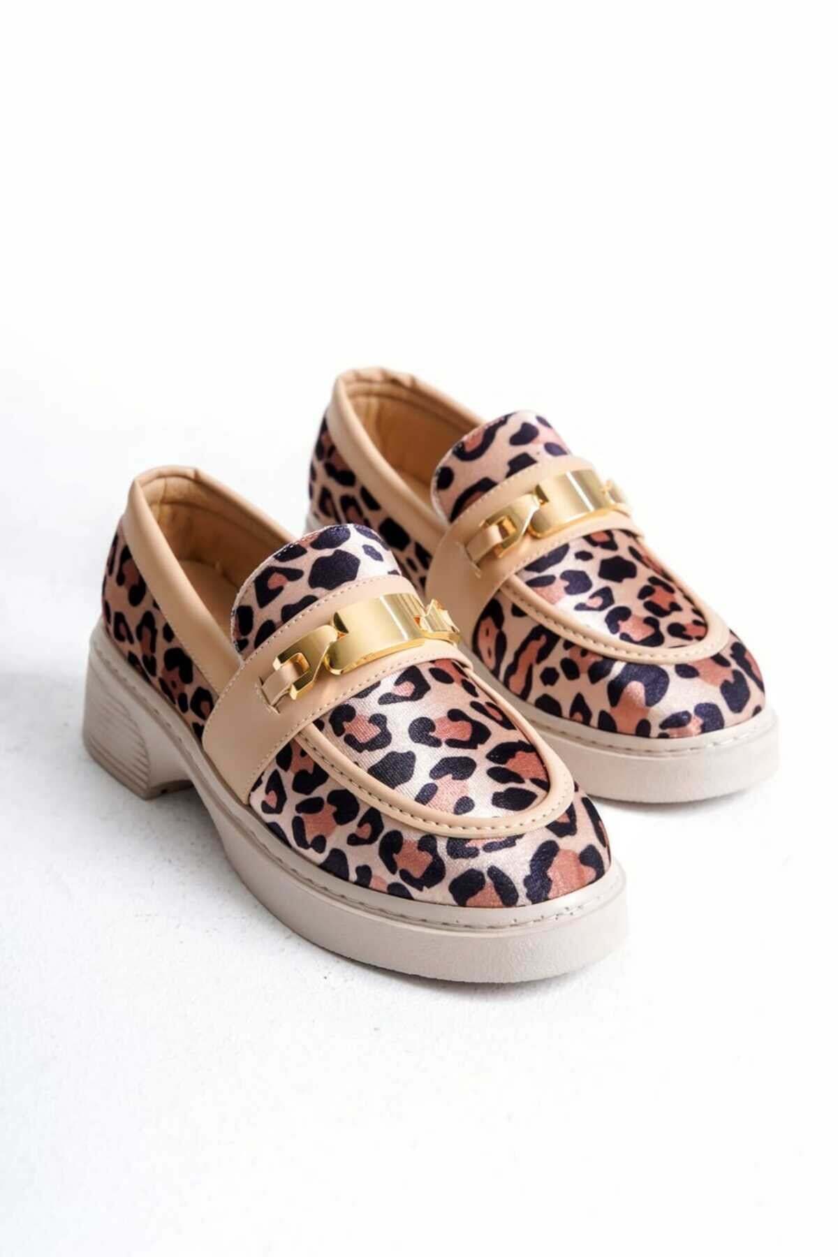 Kadın Günlük Loafer Metal Tokalı Leopar Rahat Ayakkabı - Görsel 8