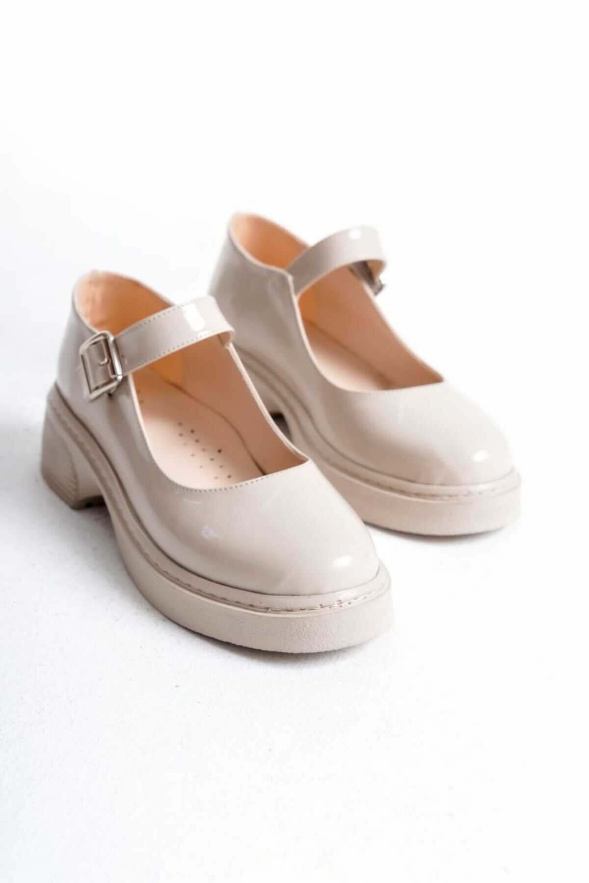 Kadın Bej Rugan Tokalı Mary Jane Kadın Loafer Makosen Tokalı Loafer Rugan Loafer Babet 980 - Görsel 3