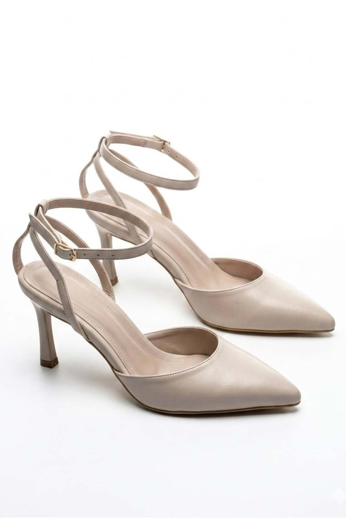 Kadın Bej Bilekten Bağlamalı Sivri Burun Topuklu Ayakkabı Klasik Topuklu Stiletto TT001