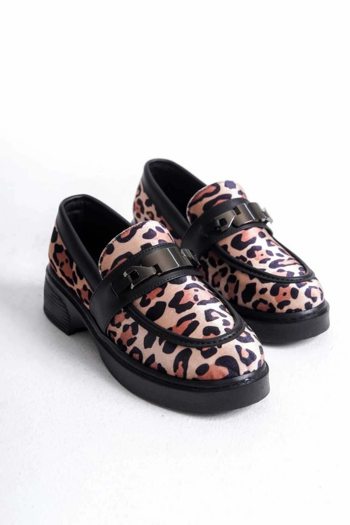 Kadın Günlük Loafer Metal Tokalı Leopar Rahat Ayakkabı - Görsel 3
