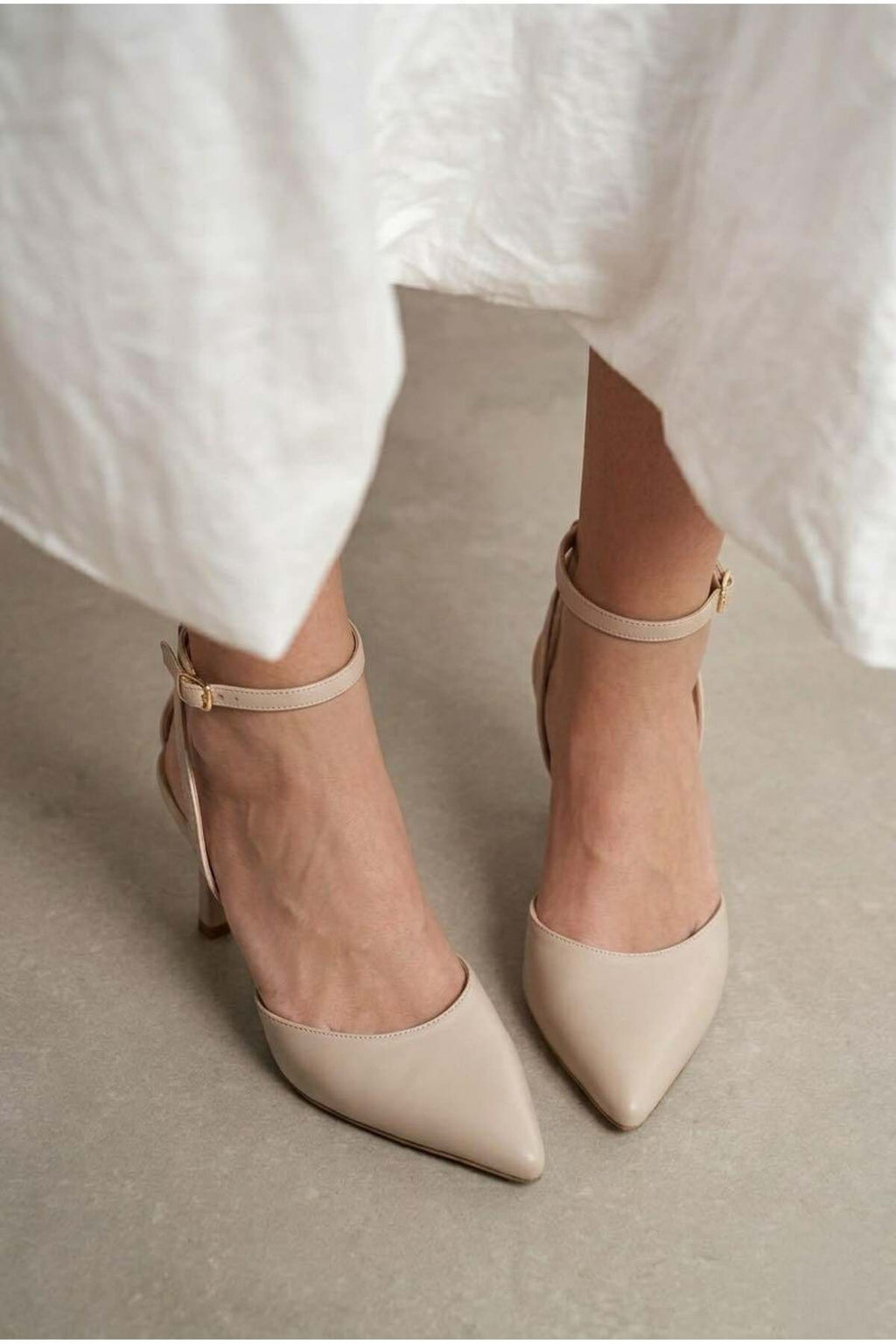 Kadın Bej Bilekten Bağlamalı Sivri Burun Topuklu Ayakkabı Klasik Topuklu Stiletto TT001 - Görsel 7