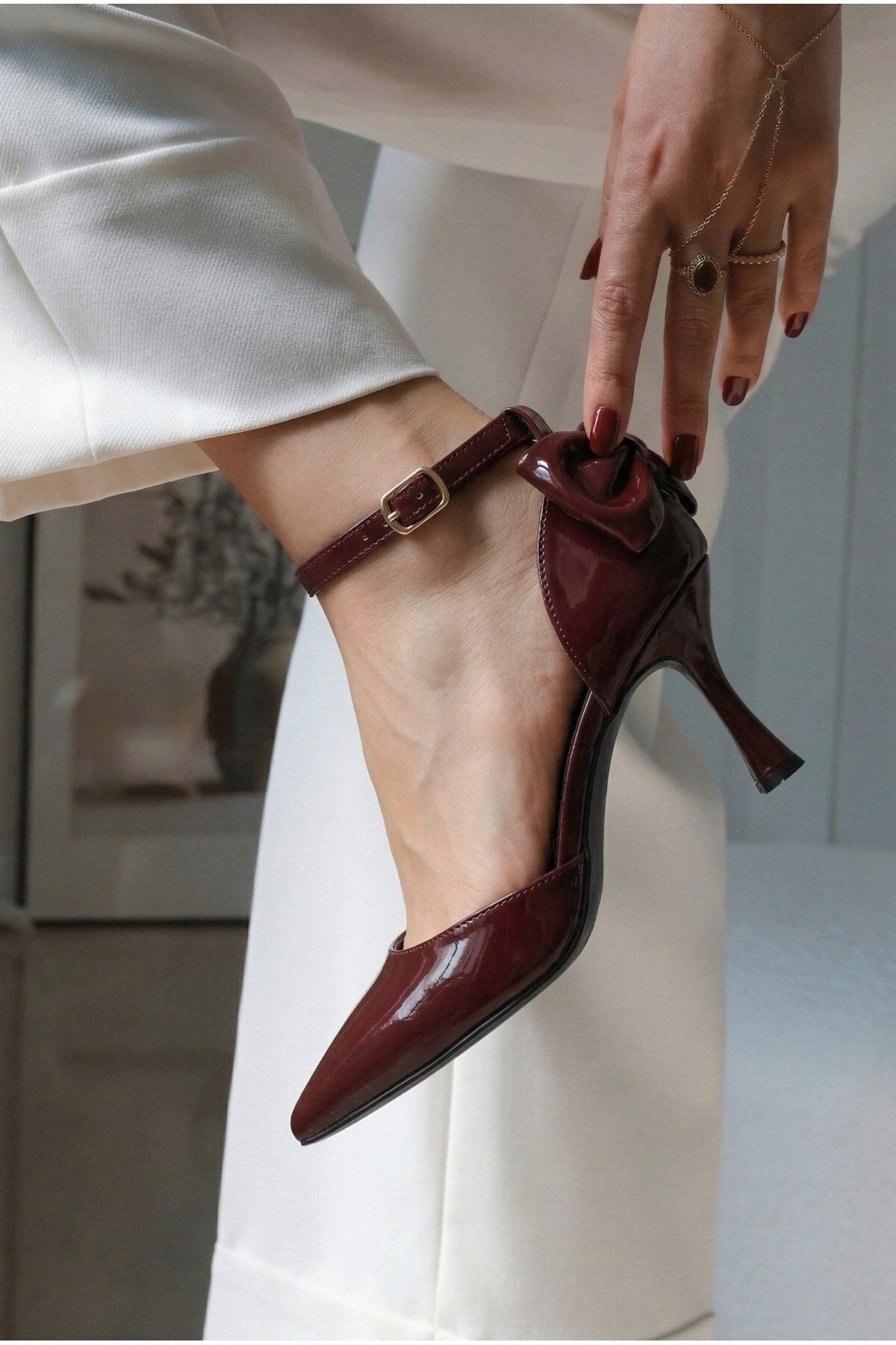 Kadın fiyonklu🎀 Abiye Rugan Topuklu 7cm şık Ayakkabı - Görsel 5