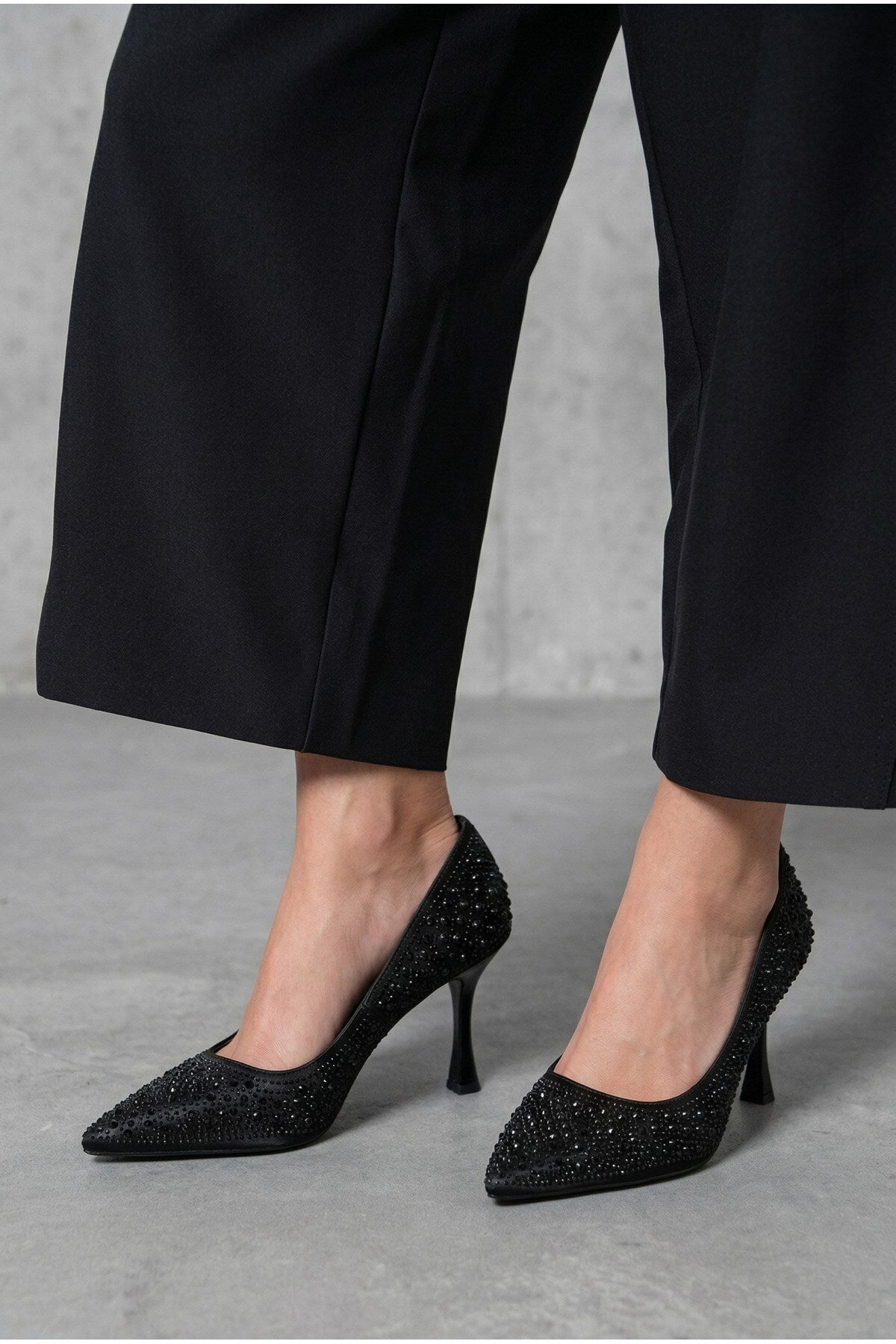 Kadın Bej Taşlı Sivri Burun Topuklu Ayakkabı Klasik Topuklu Stiletto 1425 - Görsel 12
