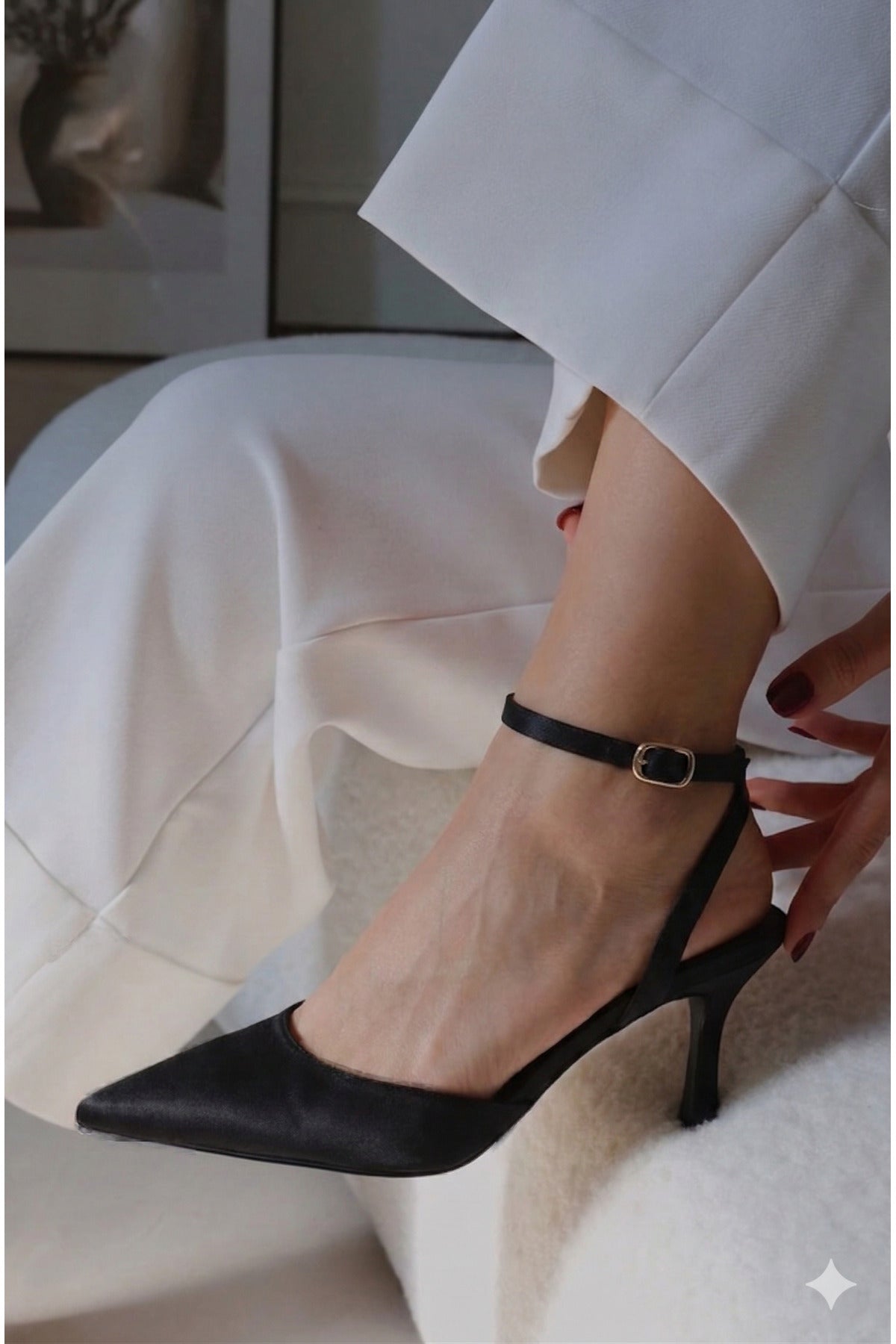 Kadın Saten Bilekten Bağlamalı Sivri Burun İnce Topuklu Stiletto Abiye Gece Ayakkabısı - Görsel 15