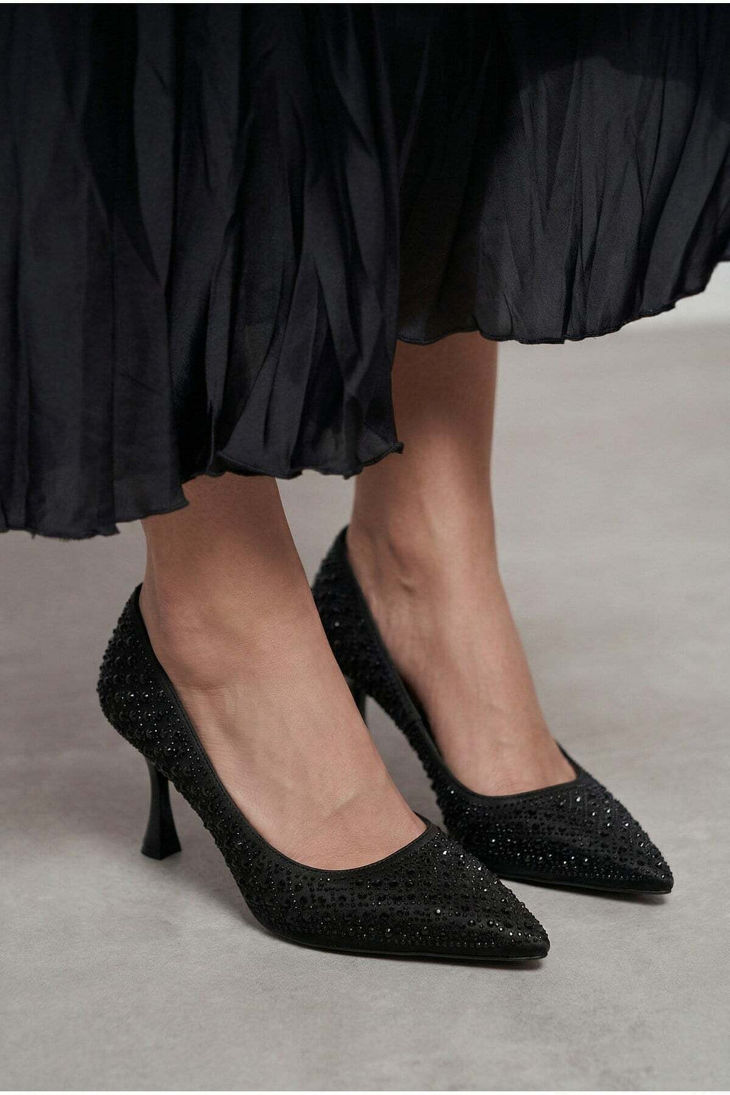 Kadın Bej Taşlı Sivri Burun Topuklu Ayakkabı Klasik Topuklu Stiletto 1425 - Görsel 3