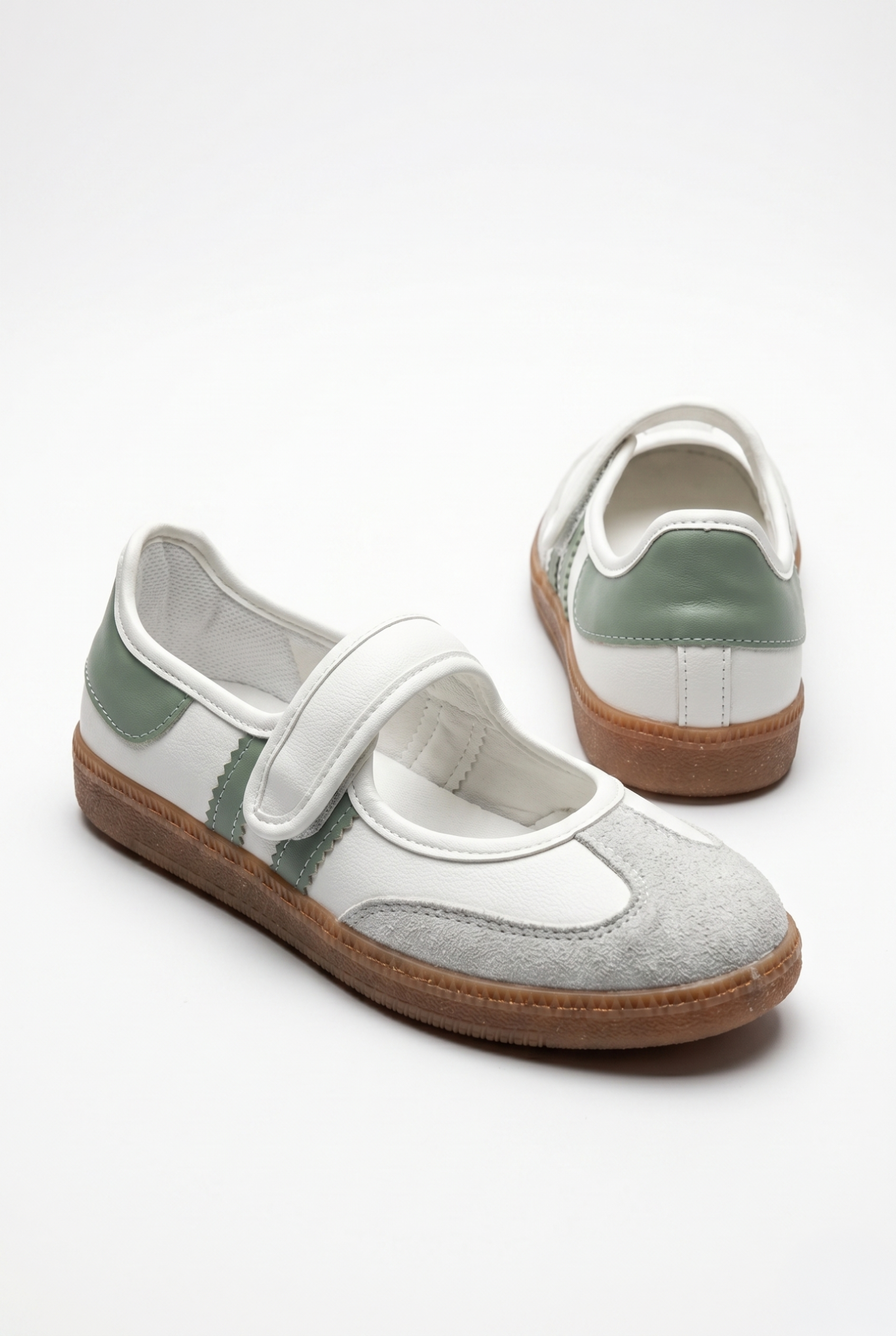 Beyaz-Yeşil Cilt Cırtlı Mary Jane Babet Ayakkabı /Mary