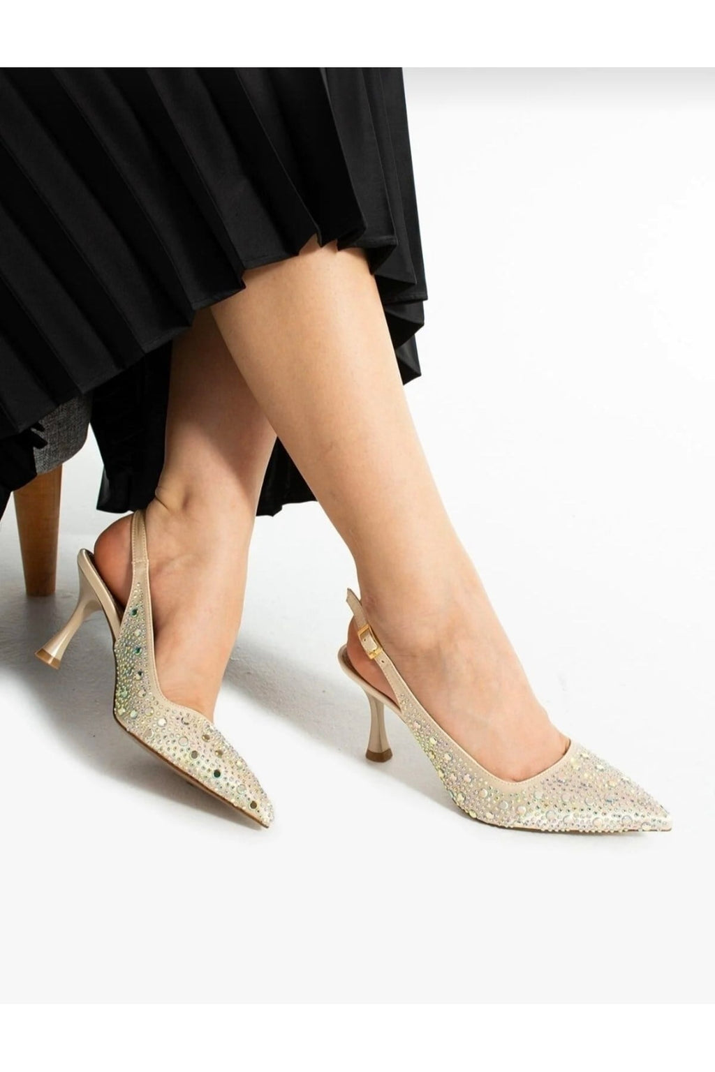 Kadın Bej Taş Detaylı Kumaş Sivri Burun Stiletto | Abiye Arkası Açık Topuklu Ayakkabı 1352