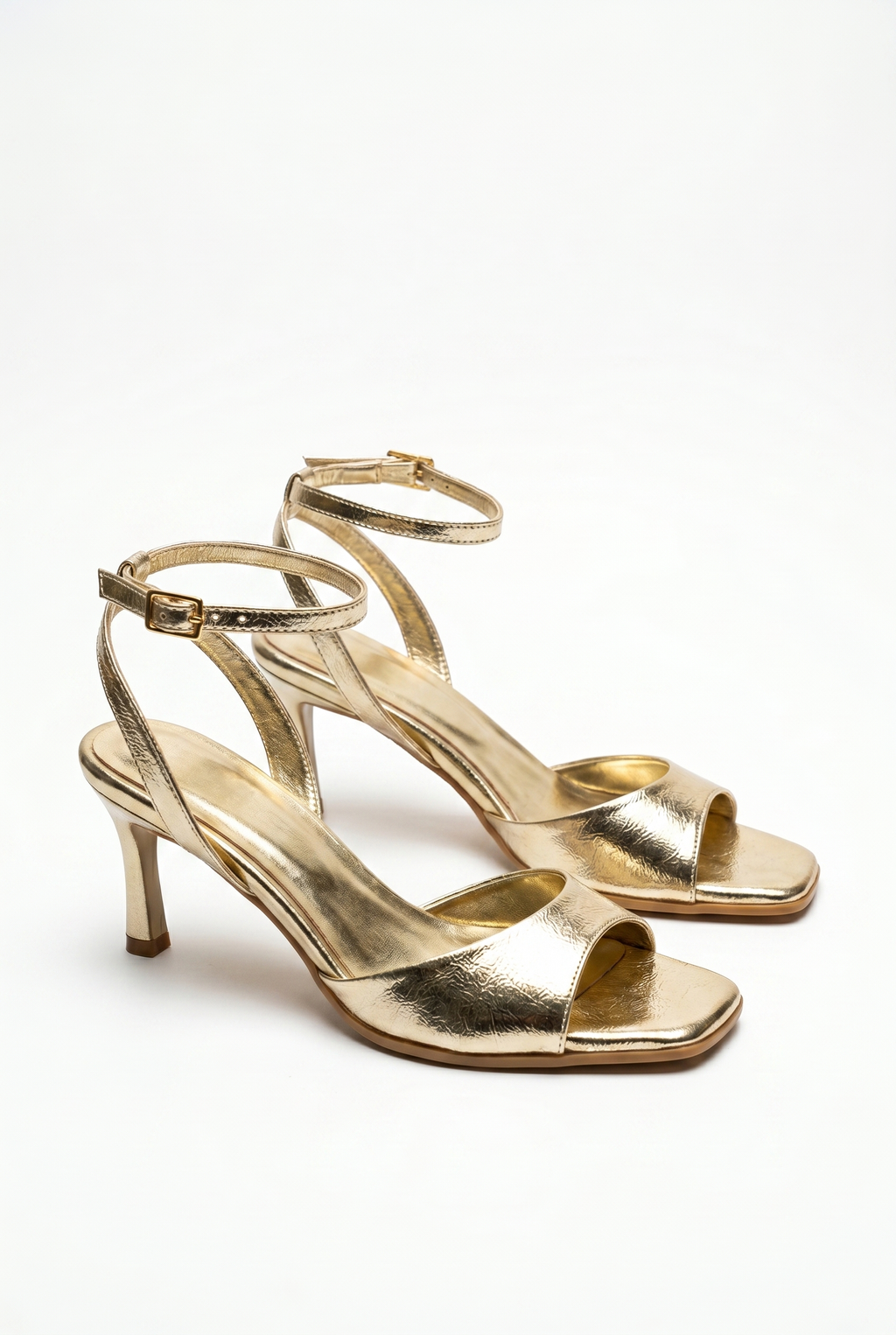  Kadın Gold Bilekten Bağlamalı Küt Burun İnce Topuklu Stiletto Abiye Ayakkabı
