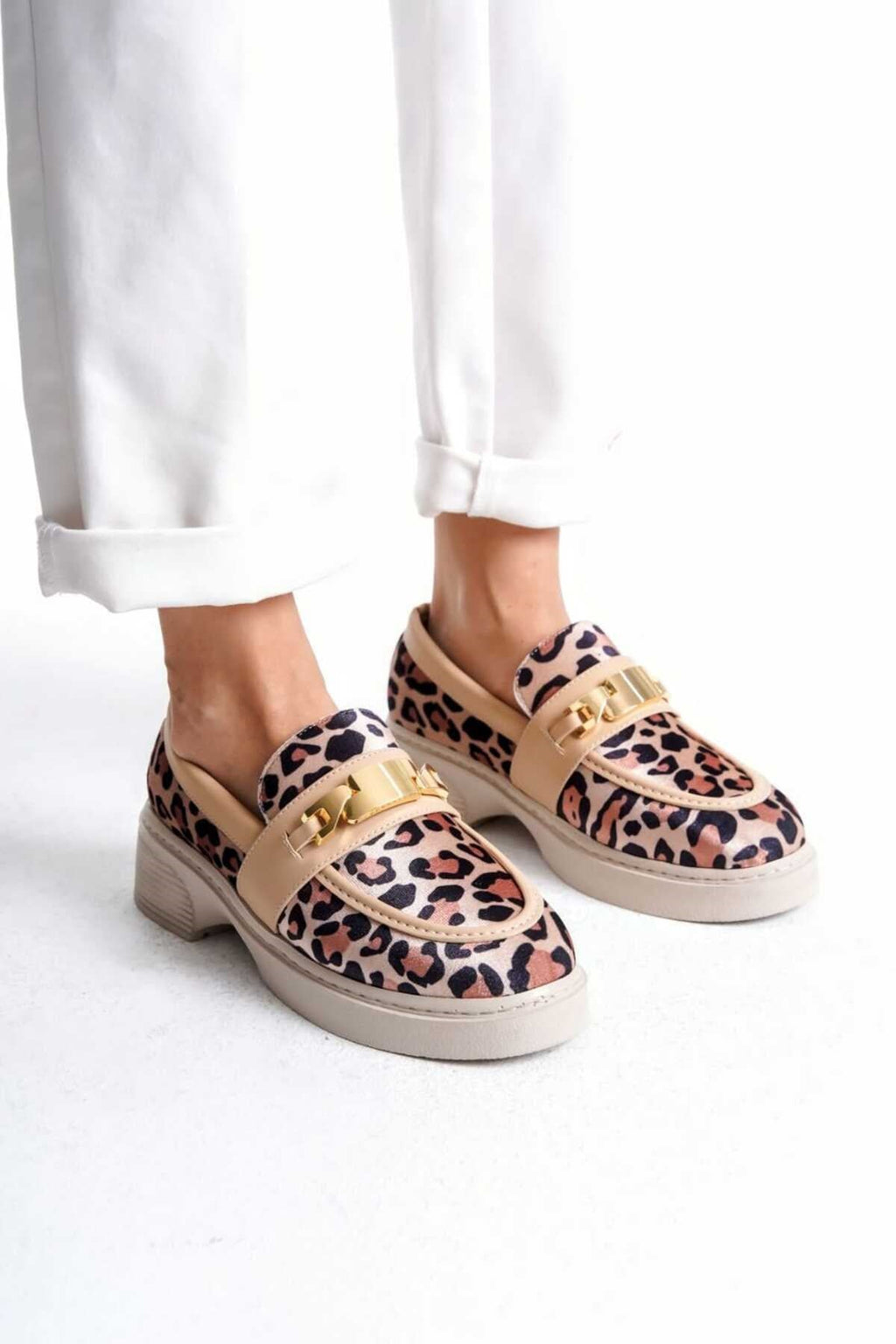Kadın Günlük Loafer Metal Tokalı Leopar Rahat Ayakkabı