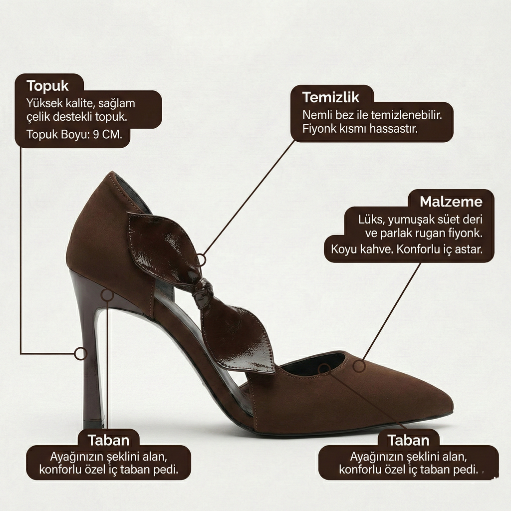  Kadın Kahverengi Saten Fiyonklu Sivri Burun 9 cm İnce Topuklu Stiletto Abiye Ayakkabı