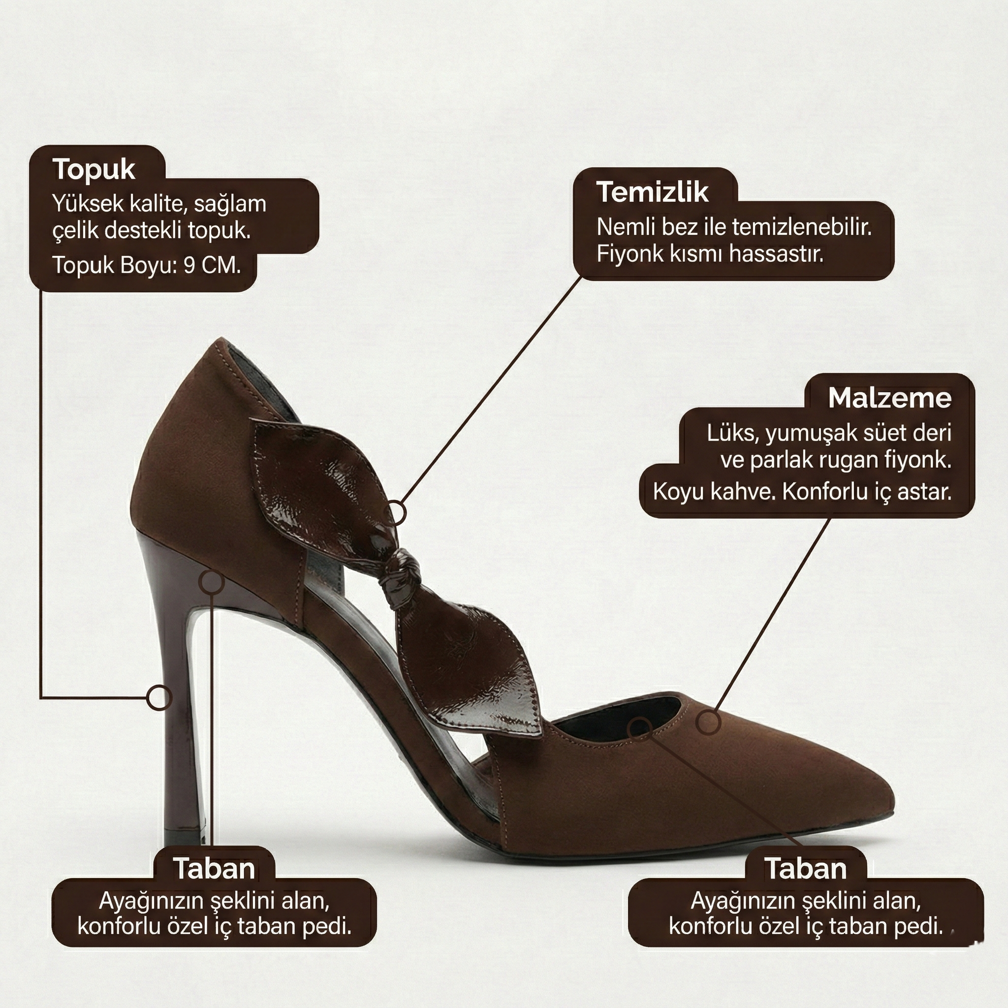  Kadın Kahverengi Saten Fiyonklu Sivri Burun 9 cm İnce Topuklu Stiletto Abiye Ayakkabı