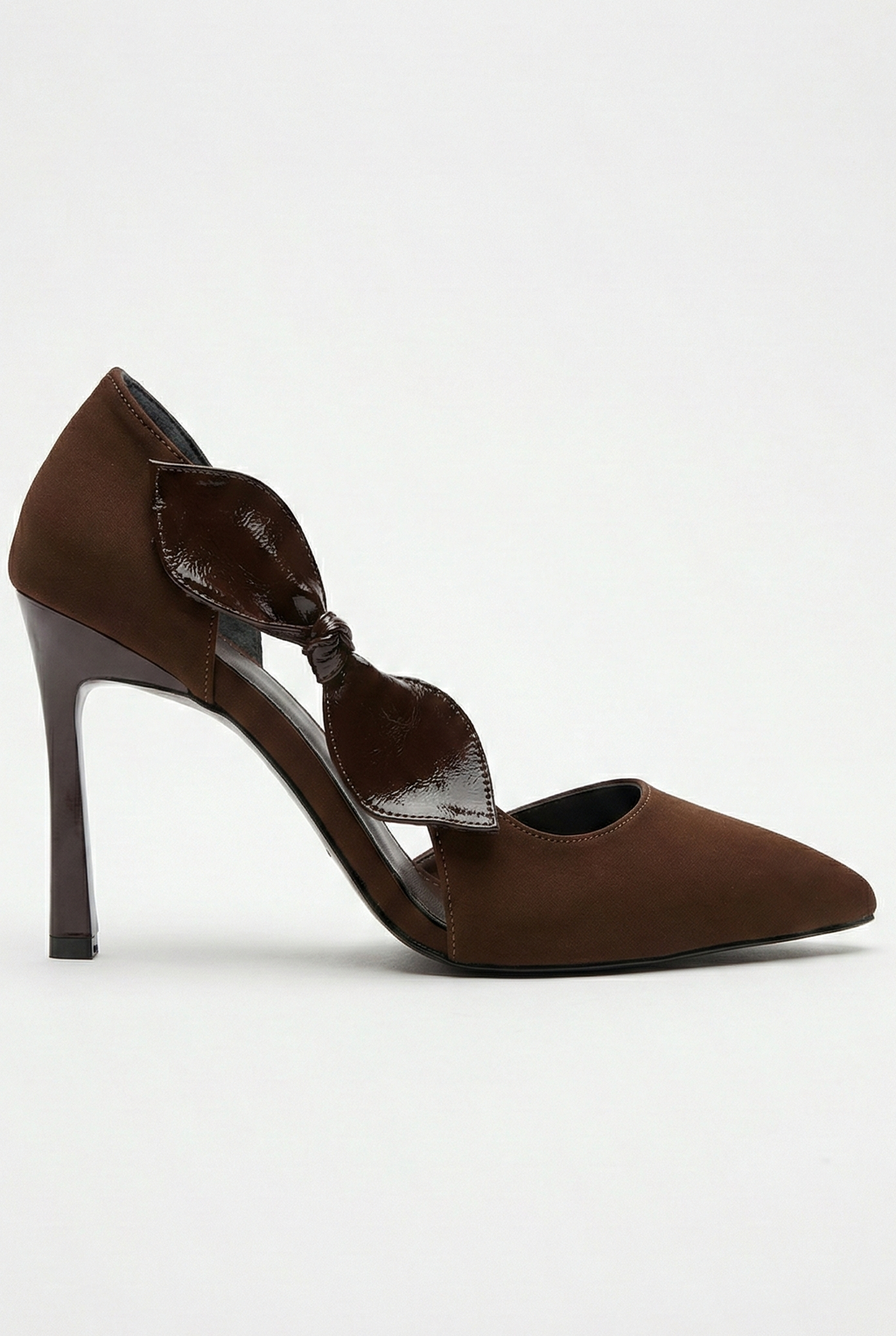  Kadın Kahverengi Saten Fiyonklu Sivri Burun 9 cm İnce Topuklu Stiletto Abiye Ayakkabı