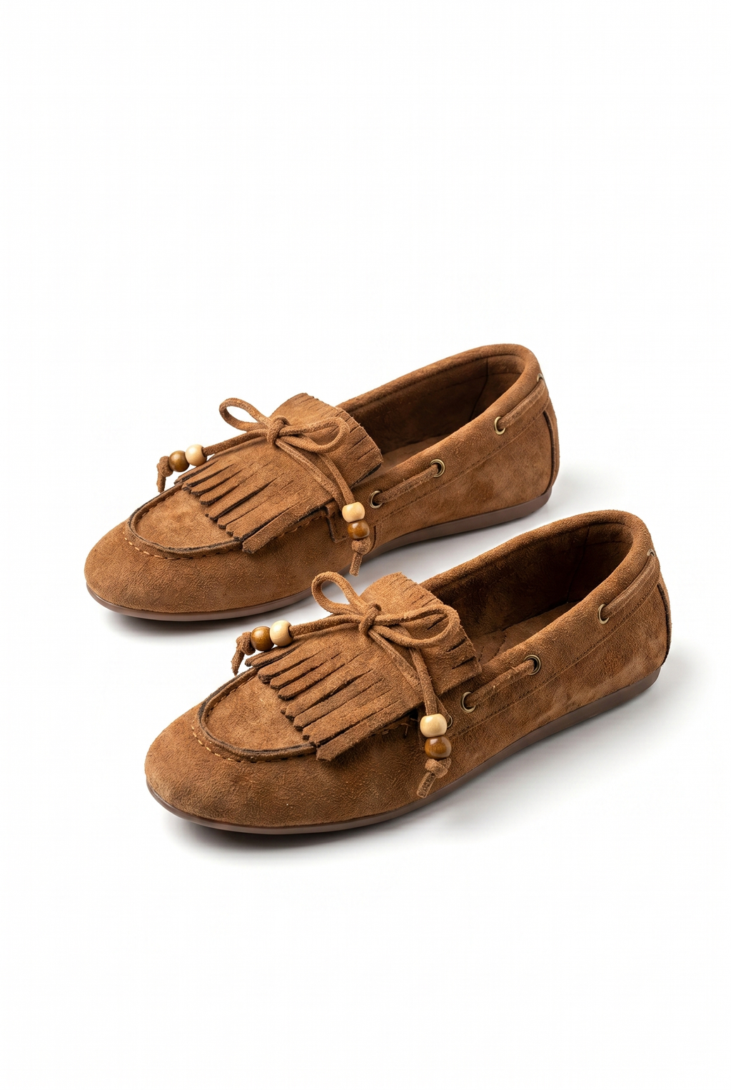 Püsküllü Boncuk Detaylı Taba Süet Makosen Loafer Ayakkabı